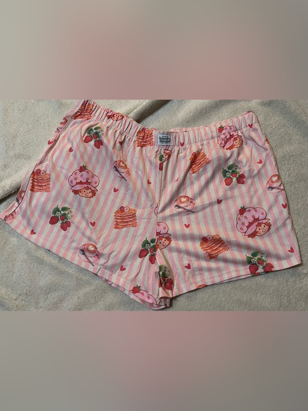 Strawberry Shortcake Pajama Shorts Pink Striped Hearts Pancakes Sleep Shorts XL